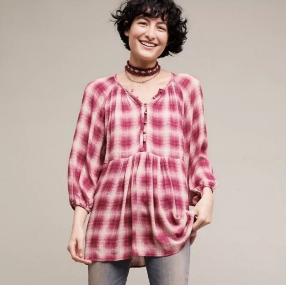 Anthropol Maeve Cavalon Plaid Red Blouse Long Sleeve Button Down Top M